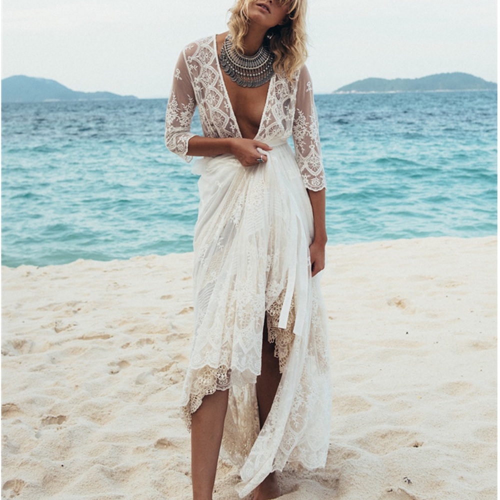 Vintage Lace Inspired Maxi Kimono Style Duster Robe Intricately Designed. White - Picture 6 of 14